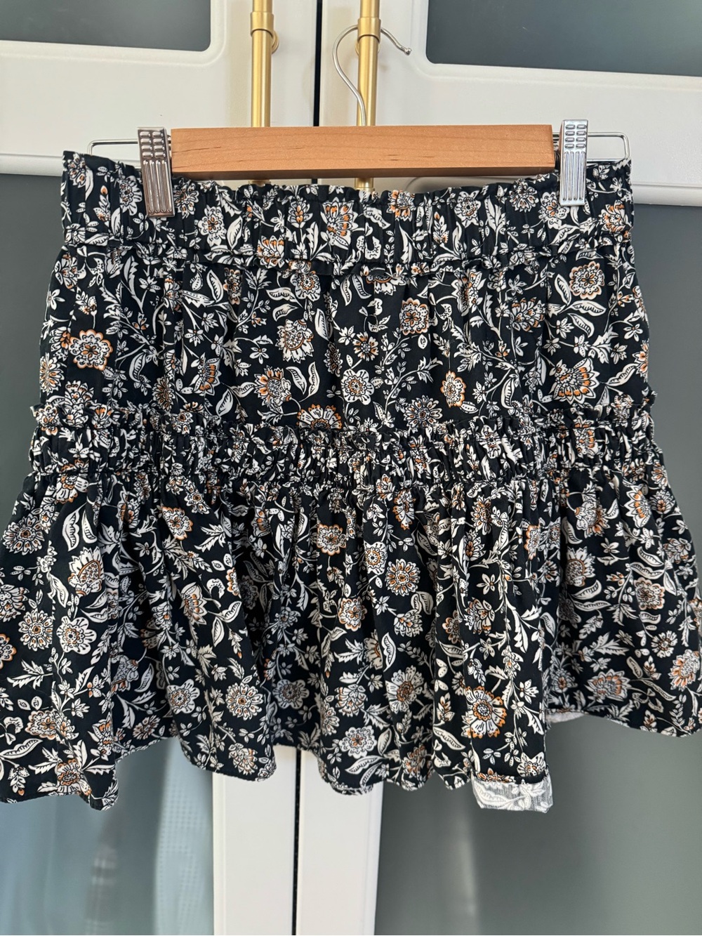Zara Black Floral Ruffled Mini Skirt with White and Tan Accents